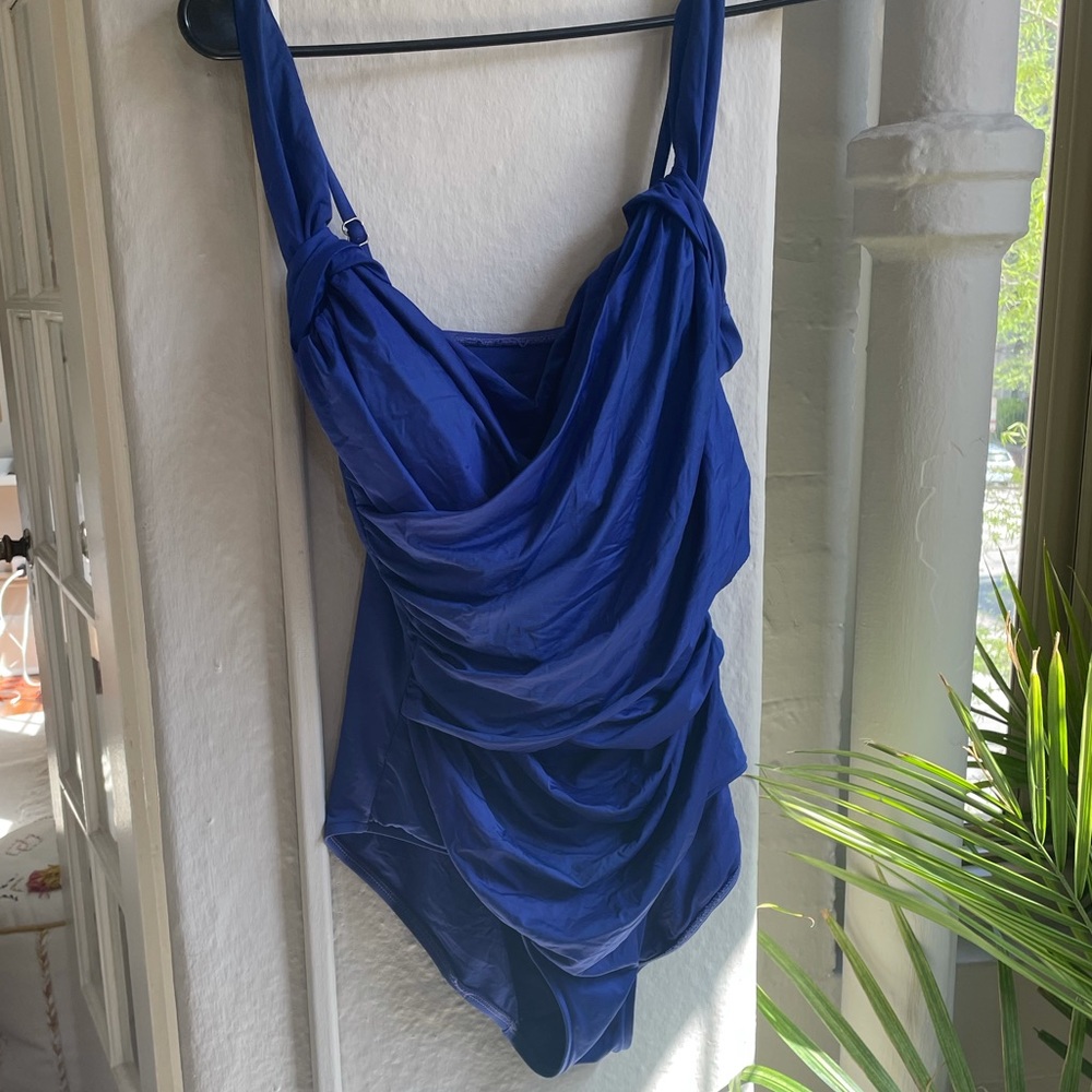 Blue wrap swimsuit, lined. Full coverage bottom. Badgley Mischka.